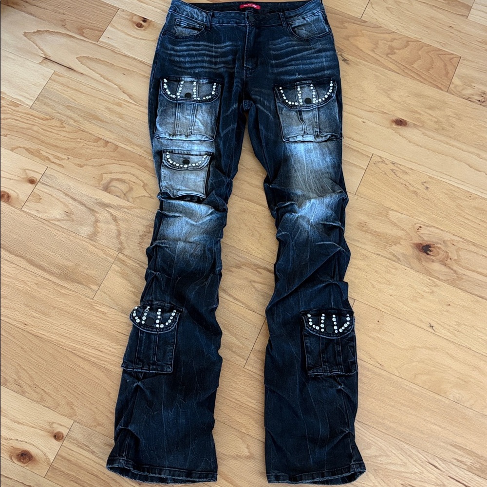 Smoke rise XL $110 Women's High Rise Rhinestone Stacked Jeans Pant storm black - Picture 6 of 14